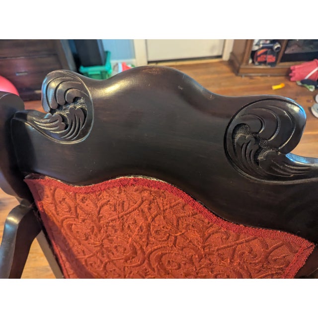 Vintage Wooden Armchair With Red Upholstery – Carved Details and Claw Feet, Vintage Accent Chair For Sale - Image 9 of 16
