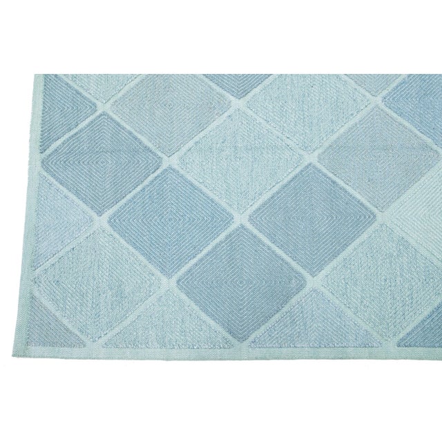 Modern Handmade Swedish Style Wool Rug With Turquoise Geometric Design For Sale - Image 4 of 8