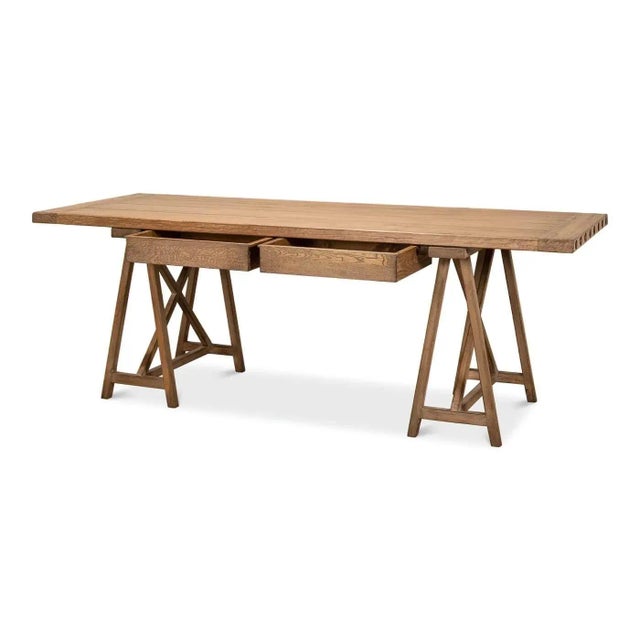 A Rustic reclaimed pine desk with saw-horse inspired base. This unique piece has a reclaimed plank top and is held...