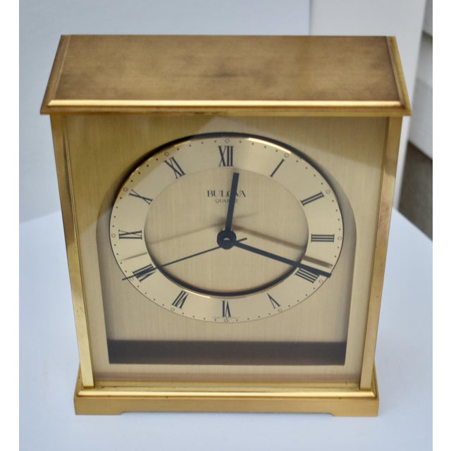 Vintage Bulova Heavy Brushed Brass Quartz Roman Numera Desk/Mantle Clock For Sale - Image 4 of 13
