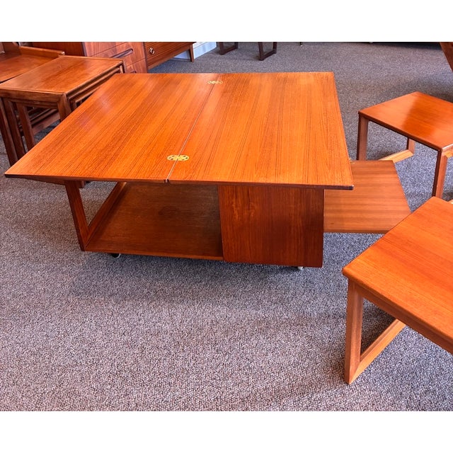Mid Century Modern Teak Modular Swivel-Top Coffee or Games Table With Mini-Bar and Nesting Tables by McIntosh c.1960 For Sale - Image 13 of 17