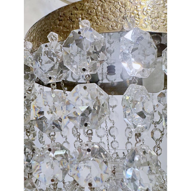 Brass Vintage Hollywood Regency Textured Florentine Brass Tiered Crystal Basket Chandelier For Sale - Image 8 of 9