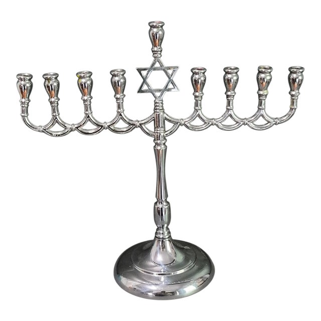 Silver Vintage Judaica Hanukkah Menorah Candelabra Chrome Silver 9 Candle Star of David For Sale - Image 8 of 8