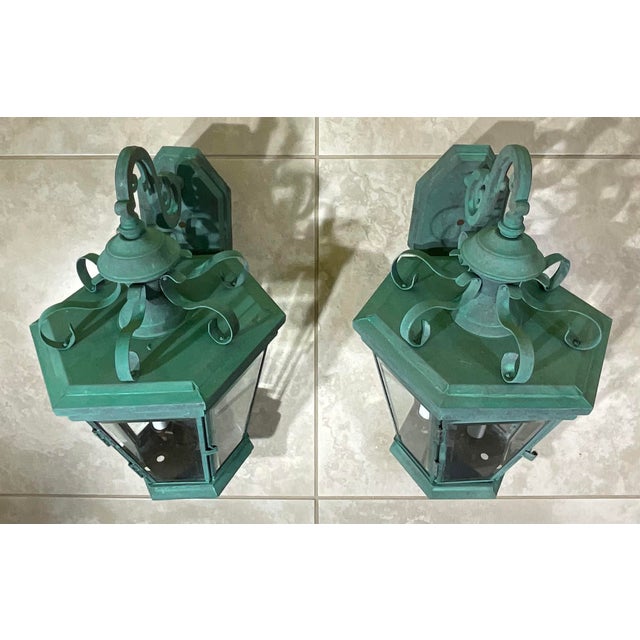 Exquisite Pair of Large Solid Brass Outdoor Wall Lanterns – Verdigris Patina For Sale - Image 9 of 18