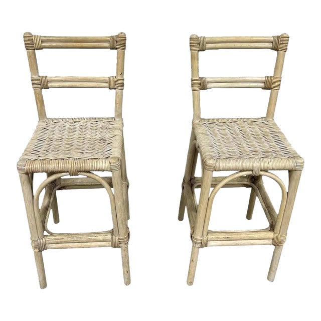 Mid 20th Century Mid Century Vintage Boho Chic Bamboo Wicker Rattan Stools - Set of 2 For Sale