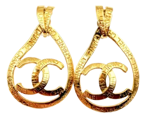 Chanel Vintage Gold Plated CC Ribbon Tear Drop Ribbon Large 2 in 1 Clip on Earrings, A Pair