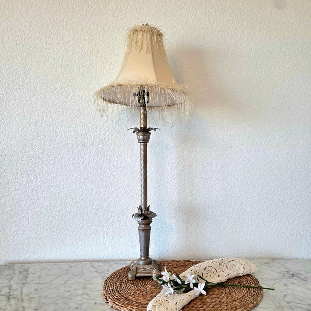 1970s Traditional Silver Metallic Table Lamp With Beige Bell Fringe Shade For Sale In Phoenix - Image 6 of 11