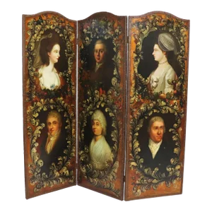 19th Century Hand Painted Floor Screen With Six Portraits