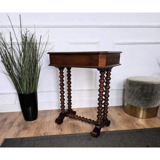 Brown Antique Italian Carved Wood Sewing Table with Bobbin Barley Twist Legs, 1890s For Sale - Image 8 of 9