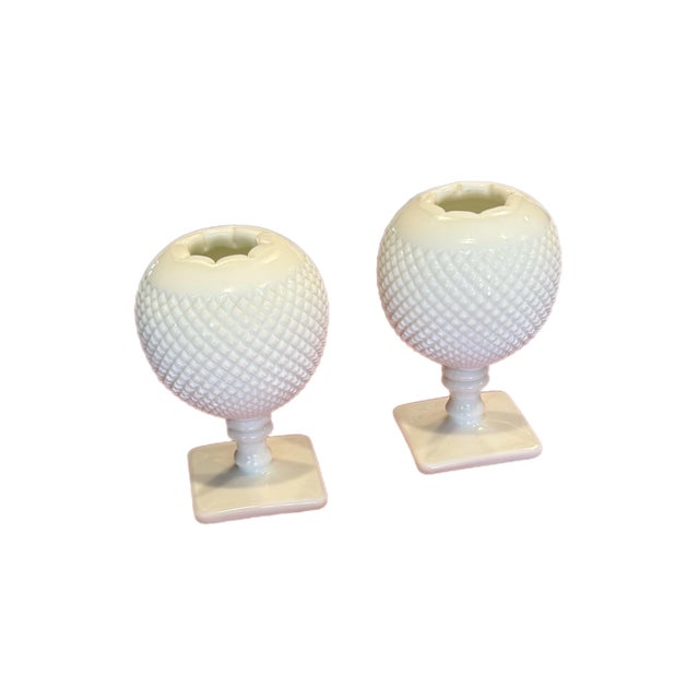 White Vintage Westmoreland Milk Glass Hobnail Ivy Bowl Pedestal Vase Pair, 7" For Sale - Image 8 of 11