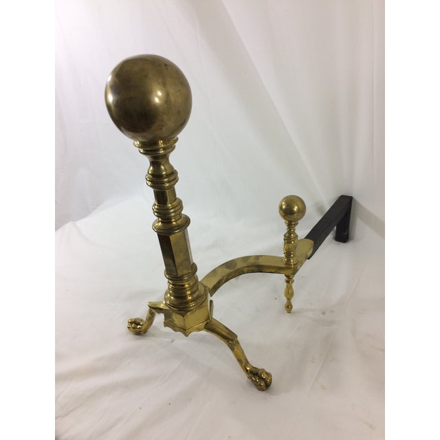 Brass Cannonball Andirons - A Pair For Sale - Image 4 of 8