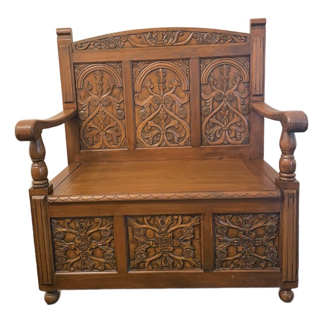 Antique Hand-Carved Wood Storage Bench For Sale