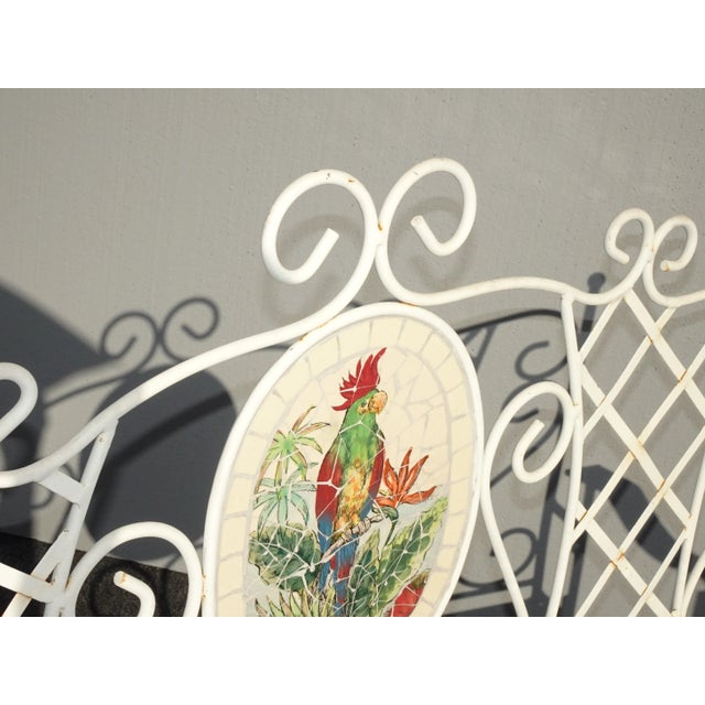 Vintage French Country White Wrought Iron Tiled Bench W Parrots Two Seater For Sale - Image 9 of 13