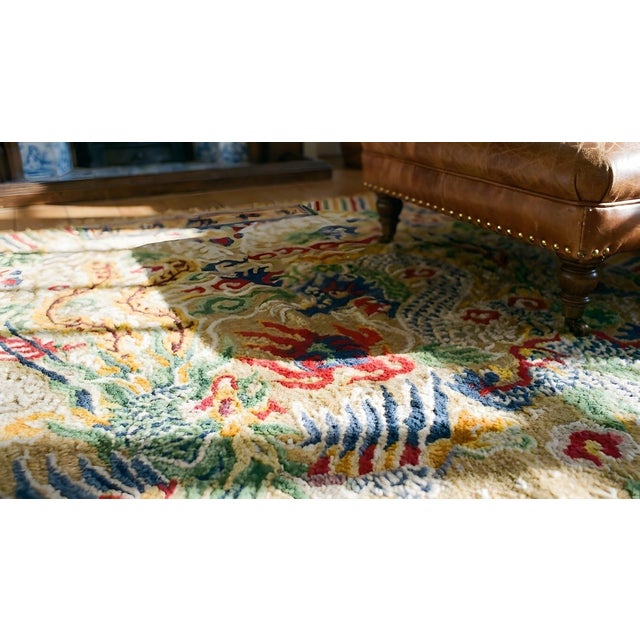 Textile Excellent Tan-Camel Background With Chinoiserie Pattern Antique Chinese Silk & Metallic Thread Rug For Sale - Image 7 of 8
