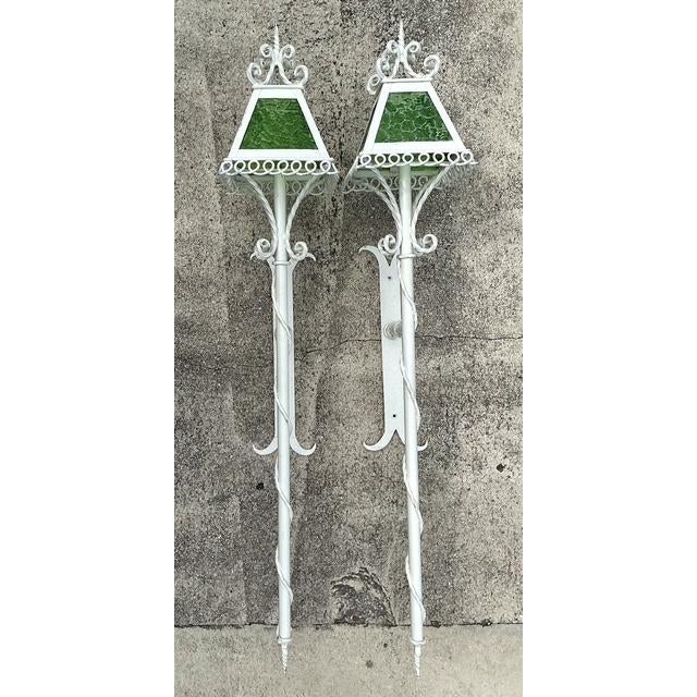 Mid 20th Century Vintage Regency 1950s Wrought Iron Light Sconces - A Pair For Sale - Image 5 of 12