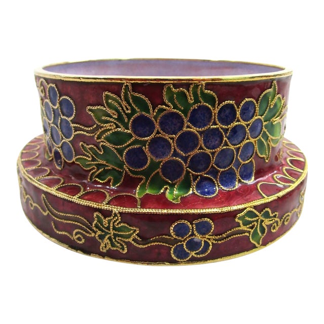 Vintage Decorative Cloisonne Wine Bottle Coaster With Grape and Vine Motif For Sale