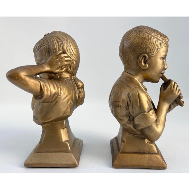 Gold 1950s Chalkware Boy Girl Bookends Figurines For Sale - Image 8 of 9