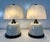 Elegant pair of sculptural table lamps crafted in Murano, Italy. Each lamp features a generously proportioned shade in...