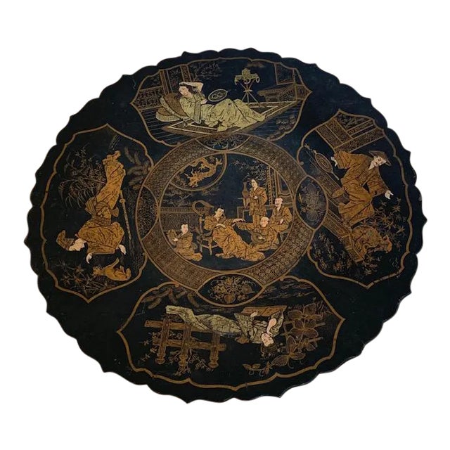 Antique Chinoiserie Papier Mache Pedestal Plate Lacquered For Sale