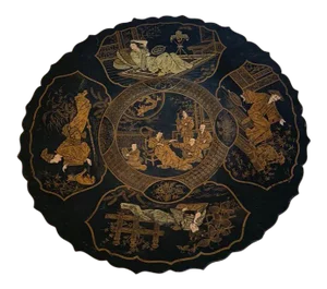 Antique Chinoiserie Papier Mache Pedestal Plate Lacquered
