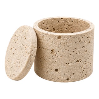 Handcrafted Travertine Stone Lidded Jar, 5" Organic Modern Canister For Sale