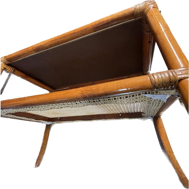 1970s Pair of 1970s Mid-Century Modern Rattan & Cane End Tables With White Laminate Tops For Sale - Image 5 of 10