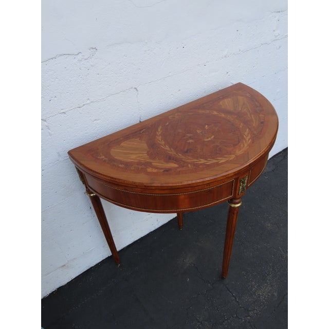 French Demilune Inlay Leather Top Console Flip Top Card Table 6916 For Sale - Image 10 of 18