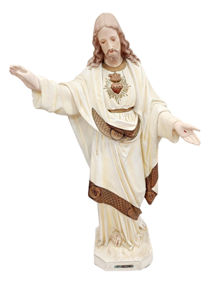 Large Belgian Devotional Polychrome Sacred Heart of Jesus Statue, 1900s