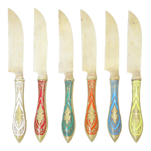 Vintage Colorful Enamel Knives in Gift Box From Siam / Thailand, Set of 6 For Sale