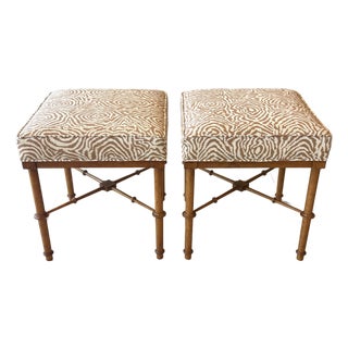 Pair Vintage Faux Bamboo Wood Benches Ottomans Newly Upholstered Quadrille For Sale