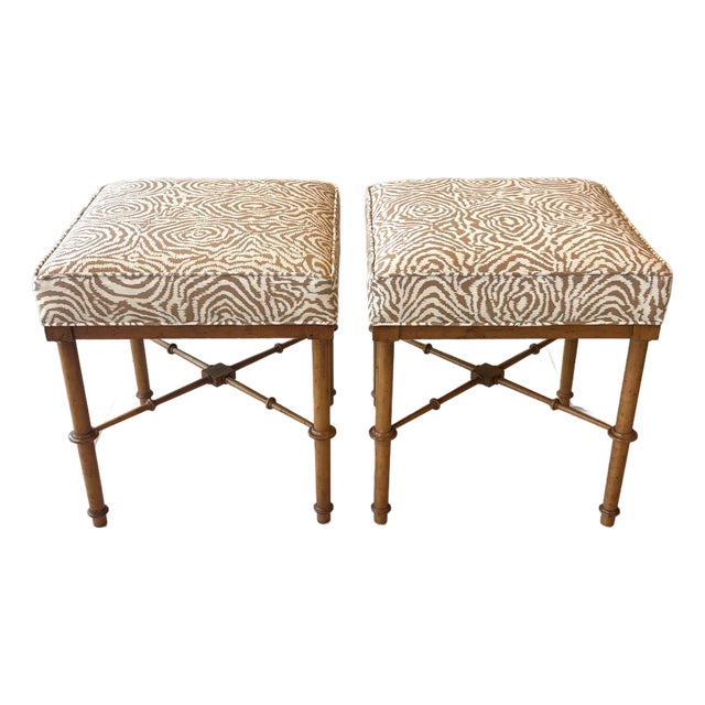 Pair Vintage Faux Bamboo Wood Benches Ottomans Newly Upholstered Quadrille For Sale