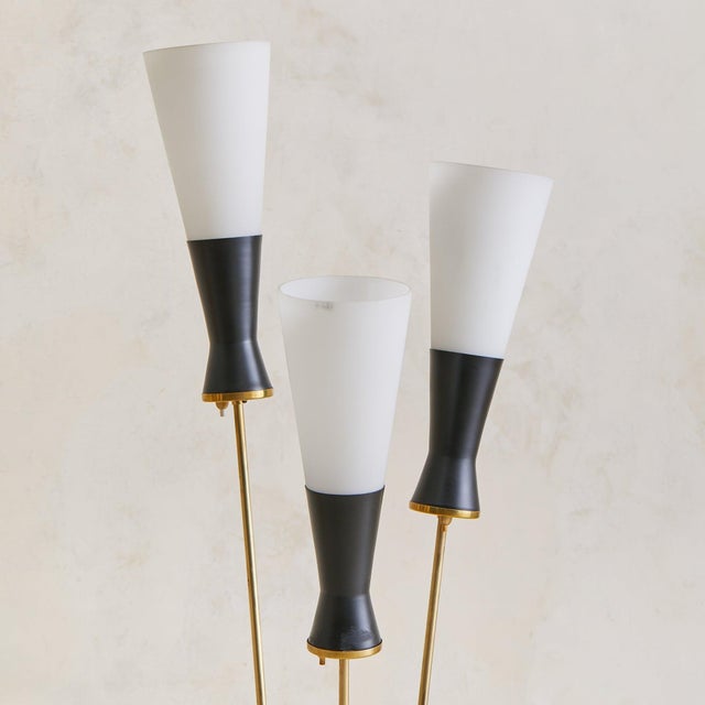 1950s 1950s Italian 3-Arm Black Metal Floor Lamp with Opaline Diffusers For Sale - Image 5 of 10