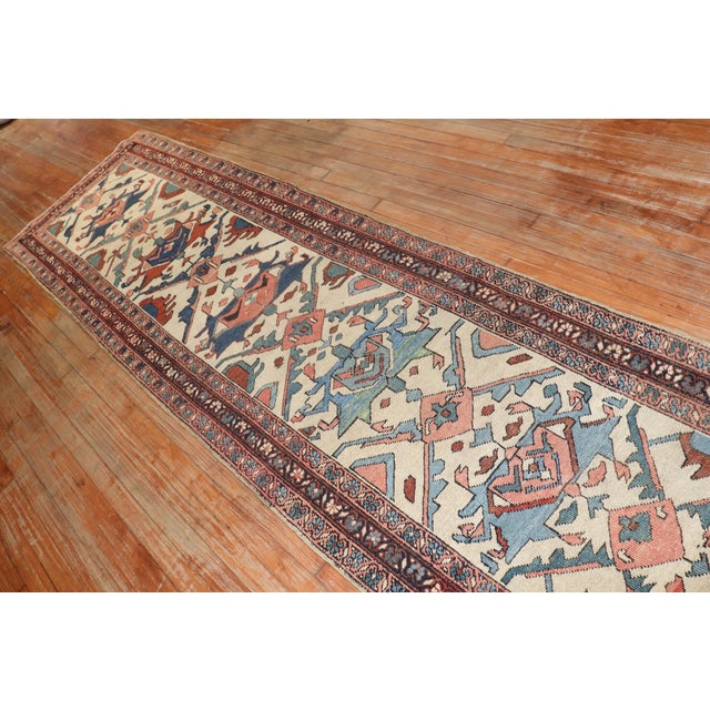 19th Century Ivory Tribal Heriz Serapi Runner - 2'10" x 13'1" For Sale - Image 4 of 12