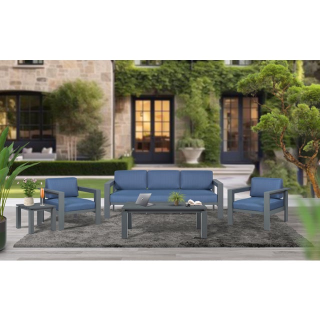 Sardinia Aluminum Frame Outdoor Sofa Set - Blue Cushions For Sale - Image 14 of 15