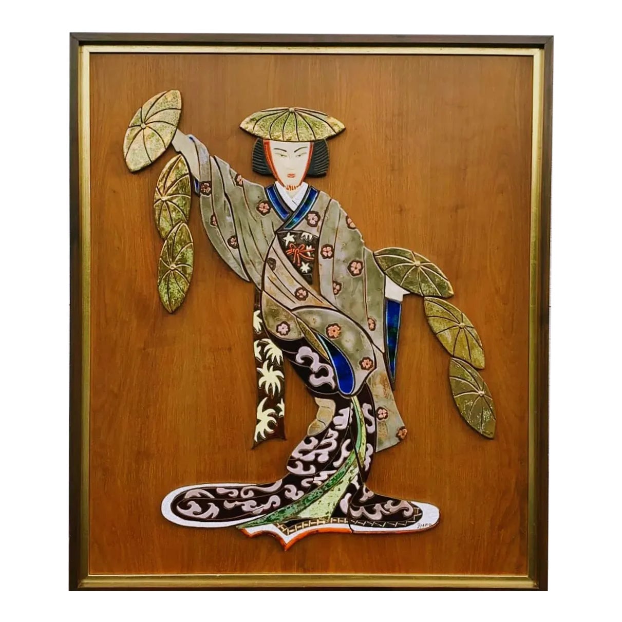 Vintage Chinoiserie Large Scale Ceramic Tile Mural Geisha in Rosewood Frame  1950's Signed