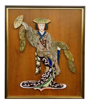 Vintage Chinoiserie Large Scale Ceramic Tile Mural Geisha in Rosewood Frame 1950's Signed