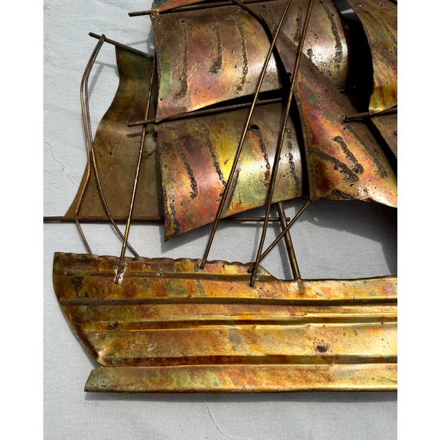 Brutalist Flame Torch-Cut Copper Metal Schooner Ship Wall Sculpture Art For Sale In Los Angeles - Image 6 of 10