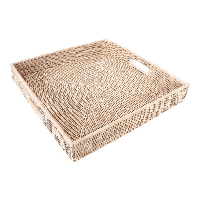 Artifacts Rattan Square Serving Tray with Cutout Handles in White Wash - 18" For Sale