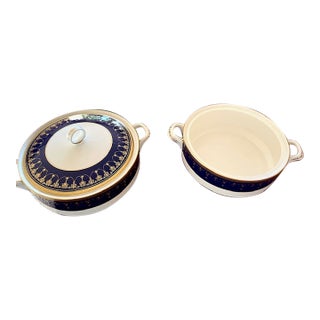 1980s Royal Worcester Imperial Bone China 22 Karat Raised Gold Blue Vegetable Tureens 2 Lids - 1 For Sale