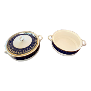 1980s Royal Worcester Imperial Bone China 22 Karat Raised Gold Blue Vegetable Tureens 2 Lids - 1