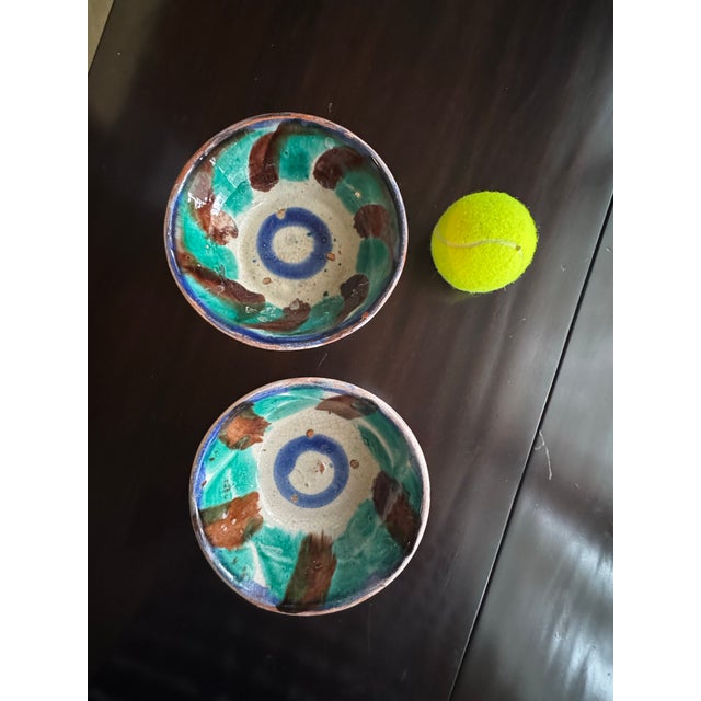 Vintage Southwestern Oaxacan Majolica Aqua and Brown Studio Art Pottery Decorative Bowls, a Pair For Sale - Image 9 of 12