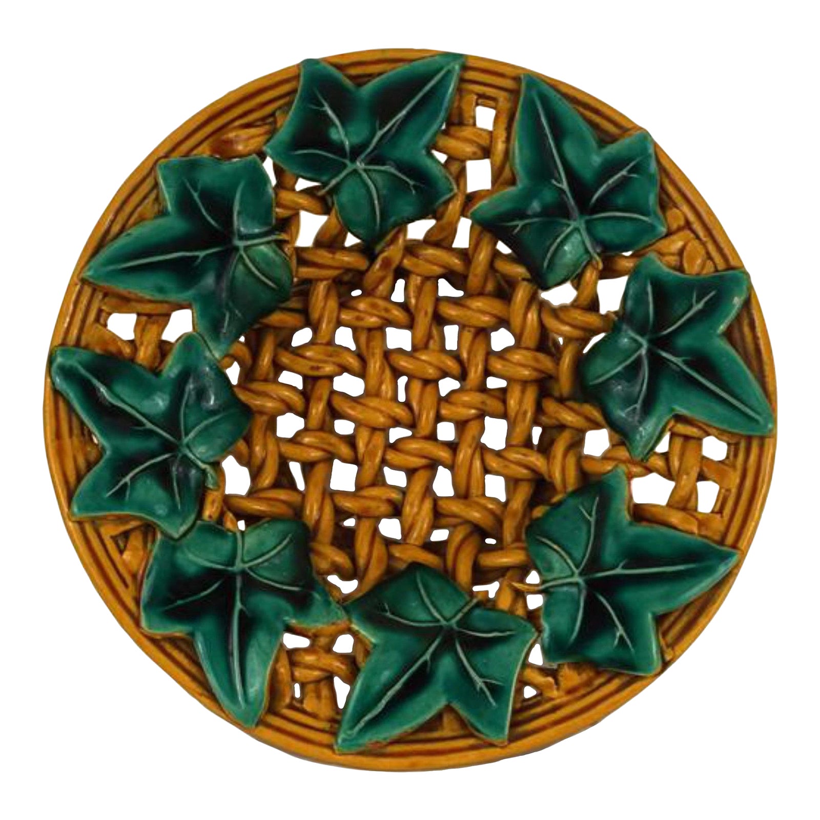 Mid Century Majolica Basket Weave Fruit Bowl With Ivy Leaves by