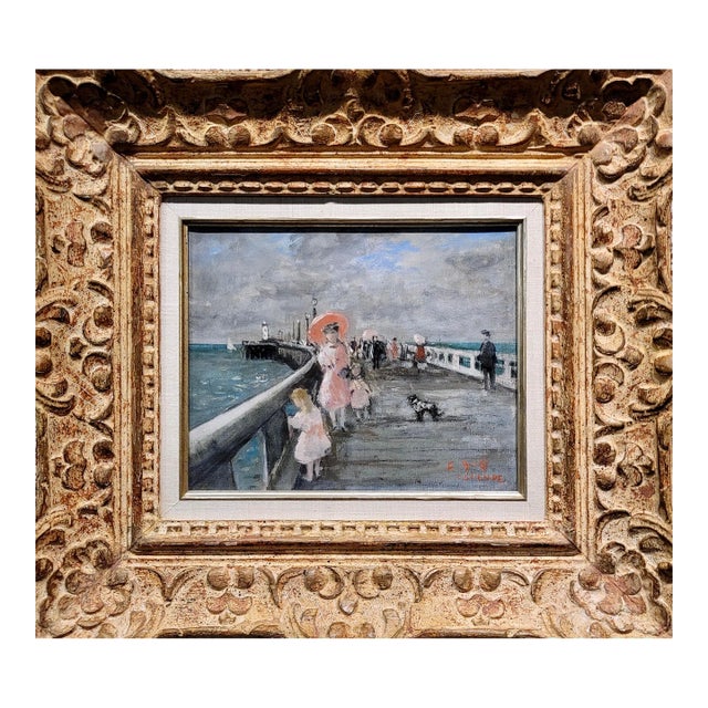 Francois Gall -Elegant Woman W/Parasol & Her Two Girls at the Pier-Oil Painting For Sale