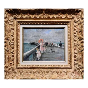Francois Gall -Elegant Woman W/Parasol & Her Two Girls at the Pier-Oil Painting
