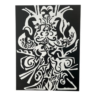 Large Abstract Black and White Painting With Tribal Vibe For Sale