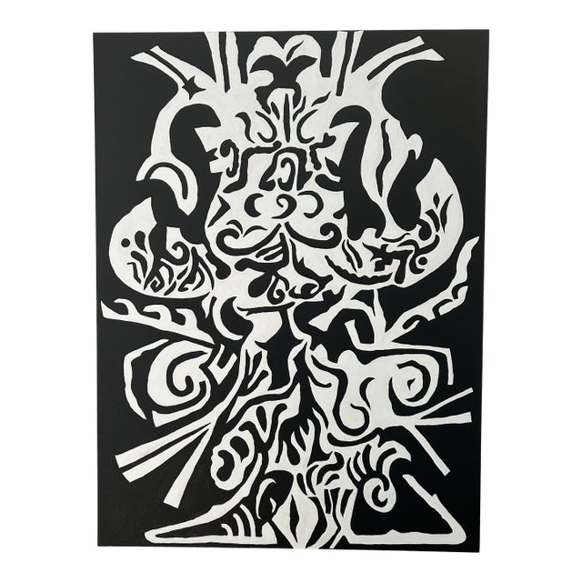 Large Abstract Black and White Painting With Tribal Vibe For Sale