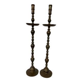 Antique Moroccan Brass Floor Candleholders - a Pair For Sale