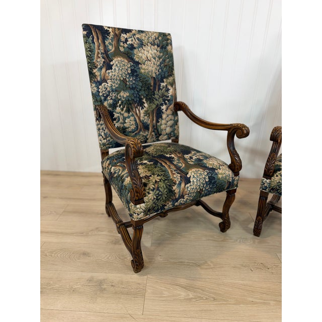 This is a pair of beautiful antique French chair frames that have been recently reupholstered! The new fabric is a...