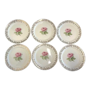 Vintage Taylor Smith Golden With Pink Flower Luncheons Set of 6
