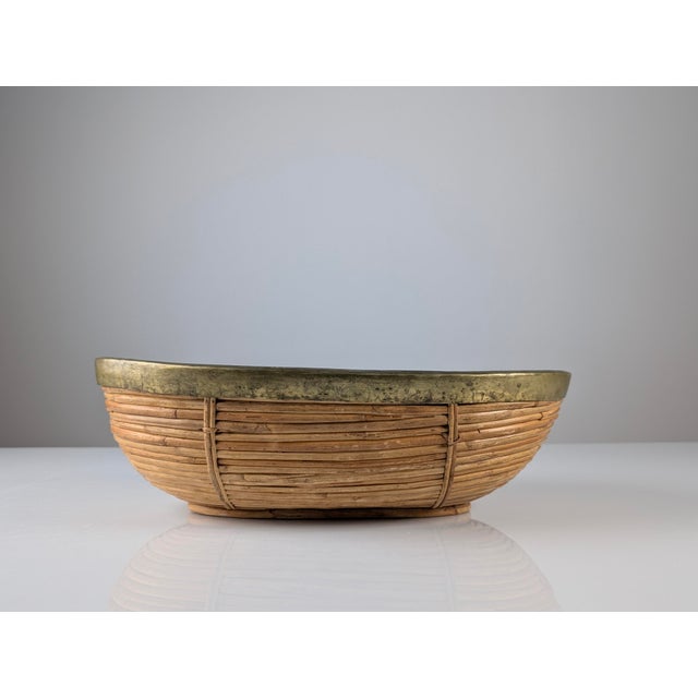 Wood Mid-Century Italian Rattan and Brass Oval Centerpiece Bowl, 1970s For Sale - Image 7 of 12